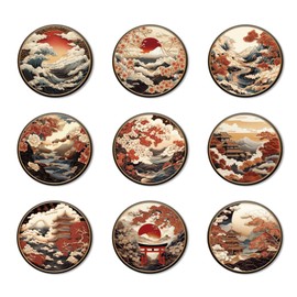 ANATTASOUL 9 Pcs Wood Coasters Sets for Drinks Japanese Pattern Colorful Wooden Cup Mat for Coffee Table Decor, 3.9" Desk Coasters for Home, Apartment, Office, Bar
