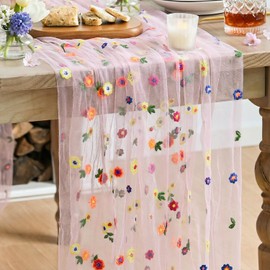 Artoid Mode - Camino de mesa de gasa con bordado rosa de 120 pulgadas, 10 pies, transparente de temporada, cocina, comedor, día festivo, boda, cumpleaños, decoración de mesa para fiesta en casa