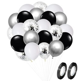 KIRIKOU 12 Inch 60 Pack Black Silver and White Confetti Balloons Garland Arch Kit Chrome Metallic Shinny Pastel Balloons with Ribbons for Wedding Baby Shower Graduation Birthday Party Decorations