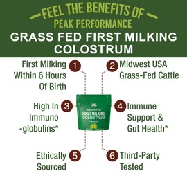 First Milking Colostrum Powder from Grass Fed USA Cows Milked Within 6 Hours of Giving Birth to Get The Most Bioactive Nutrients. High Immunoglobulin Bovine Colostrum Supplement for Humans
