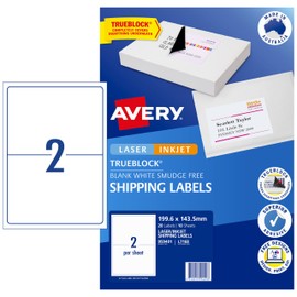 Avery Trueblock A4 Internet Labels for Laser & Inkjet Printers - Printable Shipping & Address Labels - Mailing Stickers - White, 199.6 x 143.5 mm, 20 Labels / 10 Sheets (959401 / L7168)