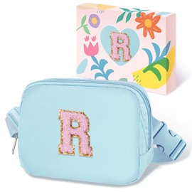 COSHAYSOO Valentines Birthday Initial Gifts for Teen Girls 5 6 7 8 9 10 11 12 13 14 Year Old Blue Fanny Pack for Girls Belt Bag Crossbody Travel Purse Unique Trendy Fashion Stuff Chenille Letter R