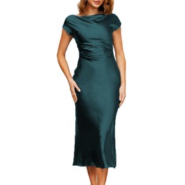 2025 Satin Cap Sleeve Cowl Back Summer Dresses for Women Elegant Ruched Waist Wedding Guest Midi Dress Teal