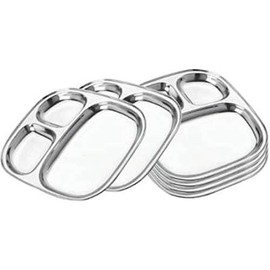 WhopperIndia Stainless Steel Three Compartment Oval Plate, Thali, Mess Tray, Dinner Plate Set of 6 pcs (11 inch)