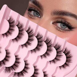 IFLOVEDEKD 7 Pairs Clear Band False Eyelashes Natural Look Wispy Strip Lashes Faux Mink 3D Cat Eye Lashes Soft False Lashes Fluffy Fake Eyelashes Short Lashes Natural Lashes Pack Reusable Fake Lashes