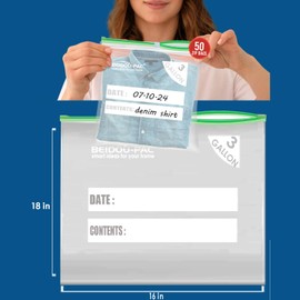 3 Gallon Large Slider Plastic Bags, | 50 Count | 2 Mil | 16" x 18" | Heavy-Duty Reusable Clear Freezer Storage Bags(Slider-3 gallon-50count)