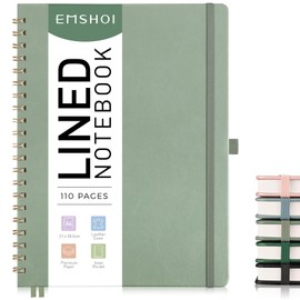 EMSHOI A4 Notebook Lined Journal, 100 GSM, PU Leather Hardcover, Sticky Notes, Pocket, Pen Loop, Ruler, Bookmark, 110 Pages Ruled Spiral Notepad for Women Men Writing, 21 x 28.5cm, Sage Green