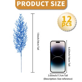 12 Pcs Christmas Glitter Leaves, 35 CM Christmas Tree Picks Artificial Twigs Branches Artificial Christmas Glitter Fern Leaf for DIY Xmas Tree Wreath Wedding Garland Decorations (Royal Blue)