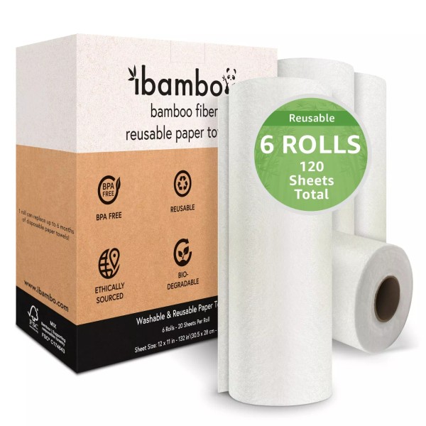 Ibambo Reusable Bamboo Paper Towels - 6 Rolls, Ecofriendly, Washable,
