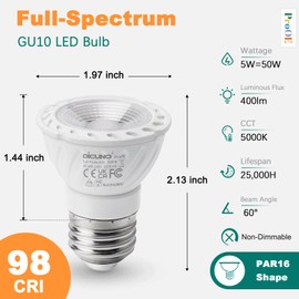 DiCUNO ProOE PAR16 LED Bulb 5W, 50W Halogen Equivalent, 5000K Daylight White High CRI 98, 100-240V E26 Base Light Bulb 400 Lumens Non-Dimmable Spotlight, 60 Degree Beam Angle, 2 Packs
