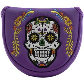 Gbourly Purple Golf Club Colorful Skull Skeleton Mallet Putter Head Cover Magnetic Closure Heel Shafted Satin Pattern PU Leather Headcover