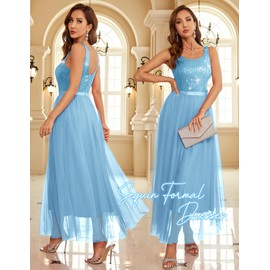 BeryLove Sequin Dress for Woman Long Prom Dress Vintage A Line Wedding Formal Swing Mesh Dress Sleeveless Cocktail Maxi Gowns 01 Blue 2XL