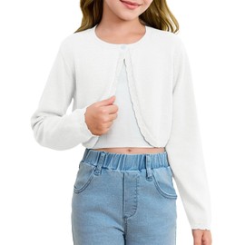 Girls Long Sleeve Bolero Cardigan Sweater Kids Cute Button Knit Shrug Cropped Sweaters Tops White