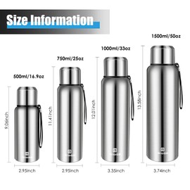 Insulated vacuum Thermo Bottle 750ml/25oz with cup Stainless steel coffee bottles for hot and cold drink water flask.(Silver,750ml)