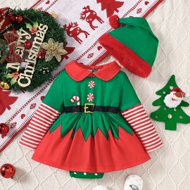 New Autumn Baby Girl's Striped Christmas Outfit lf1419 Free Size / 3-6M Green 4ea