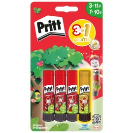 Pritt Colla stick di design, colla sicura e adatta ai bambini, per lavori di arte e artigianato, colla forte per la scuola, 3 x 11 g originale e 1 penna colorata Pritt da 10 g, 9H PBS4B