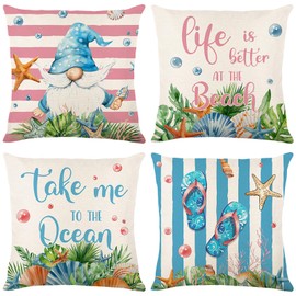 Ni-JASW Summer Throw Pillow Covers 18x18 in Set of 4, Blue Ocean Theme Gnomes Flip Flops Pillow Cases for Couch Sofa