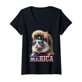 Womens Cat Blonde Mullet Wig 4th Of July American Cats Funny V-Neck T-Shirt
