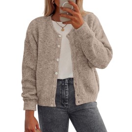 PRETTYGARDEN Fall Long Sleeve Cardigans for Women Trendy 2025 Lightweight Button Down Crewneck Loose Knit Sweater Clothes (Light Khaki,Large)