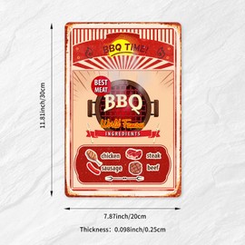 QIYAODECO BBQ TIME Best Meat BBQ Ingredients Pollo, carne de carne, carne de salchicha, carteles de estaño clásico para exteriores de metal retro – Divertido letrero de parrilla desgastado para