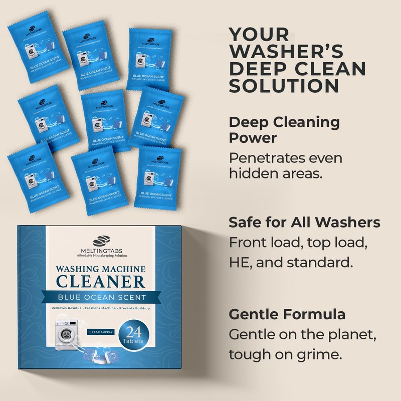 MELTINGTABS Washing Machine Cleaner, 24-Pack, Ocean Scent – Year-Long Freshness