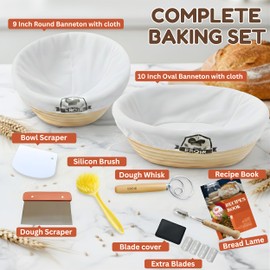EROIR Sourdough Banneton Bread Proofing Basket Set - 9" Round 10" Oval Linen Lined Baskets Baking Supplies, Danish Whisk, Lame, Bowl Scraper, Dough Scraper, Cleaning Brush, Recipes Book