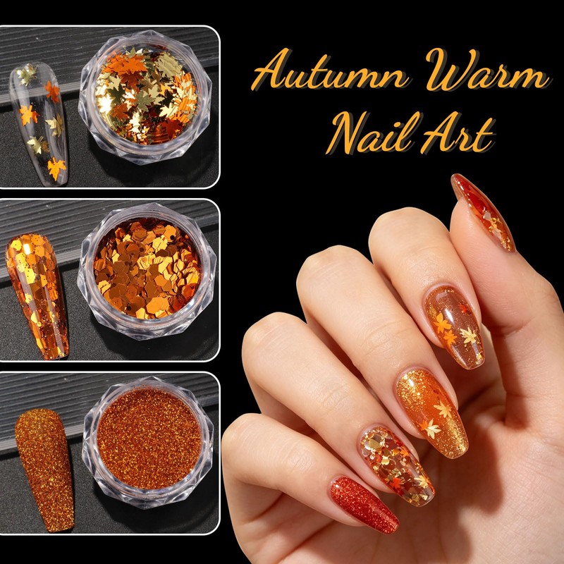 Autumn Nail Flake & Powder Set, 6Boxes Fall Themed Sequin