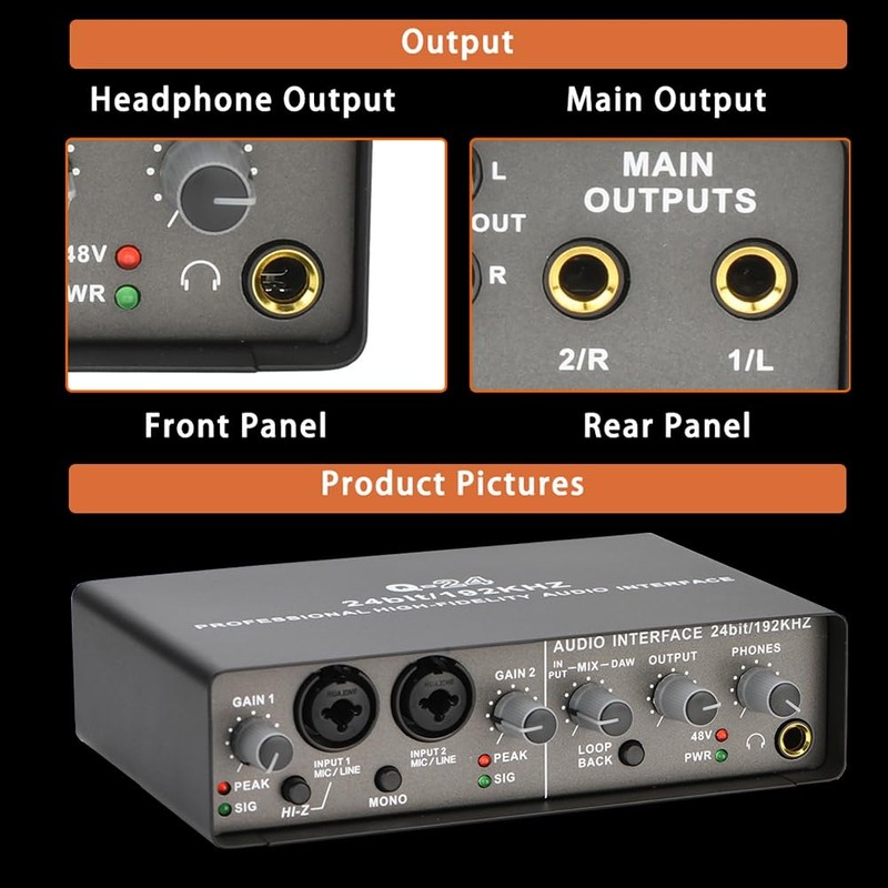 Roarrter Professional 24Bit 192KHz Audio Interface 2 Input Sound Card