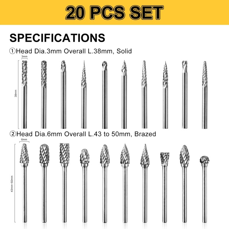 CaRoller Tungsten Carbide Burr Set, 1/8" Shank 20PC Double Cut