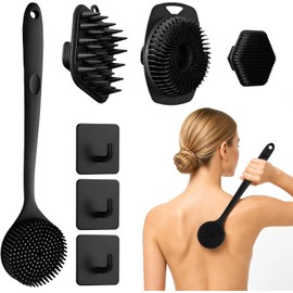 Set de 4 cepillo de silicona para cuerpo:Cepillo de Espalda de Mango Largo, Cepillo Corto, Cepillo para Lavar el Cabello y Cepillo para la Cara, Herramientas de Exfoliación y Masaje (B)