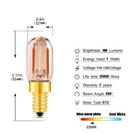 Lxcom Lighting T22 LED Filament Light Bulb 1W Dimmable Vintage Tubular Night Light 10W Equivalent Bulbs Soft Warm White 2200K Decorative Edison Bulb E12 Candelabra Base Amber Glass, AC110V(6 Pack)