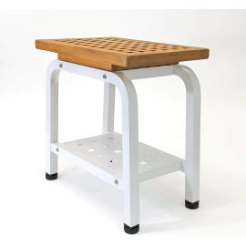 Anthology Spa Maya Shower Bench Teak & Aluminum Bath Stool Chair Side Table Pure White