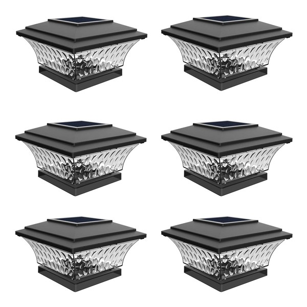 HUYIENO Solar Post Cap Lights Outdoor LED Lighting Deck Fence Cap Light Two Light Modes Warm White/Bright White Suitable for 4x4 Wooden Posts Black 6PK