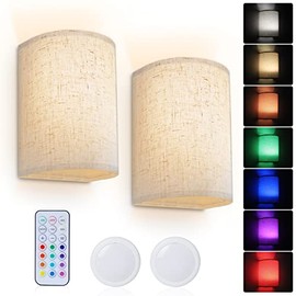 Wall Sconce Lighting Decor, Battery Rechargeable Wall Sconce Set of 2 with Fabric Shade Remote Control, 16 RGB Colors Changeable Dimmable Wall Lamp Fixtures for Bedroom Living Room Hallway
