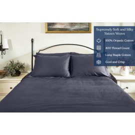 Delara GOTS Certified 100% Organic Cotton Sheets, 400TC Long Staple Cotton, Ultra Soft, Silky, Moisture-Wicking, Smooth & Breathable, with Elasticized Deep Pocket