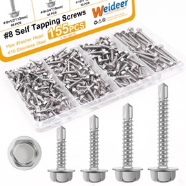 weideer 155pcs #8#10Self Tapping Screws Sheet Metal Screws 410 Stainless Steel Hex Washer Head Self Drilling Screws Quick Tapping Screw #8 1/2" 3/4" #10 1" 1-1/2" K-165