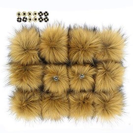 Furling Pompoms 12pcs Fluffy Faux Raccoon Fur Pompoms with Press Button for Knitted Hats Scarves Accessories 5.5 Inches(Camel)