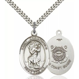 Bliss Sterling Silver Saint Christopher Coast Guard Medal Pendant Necklace 24" Chain