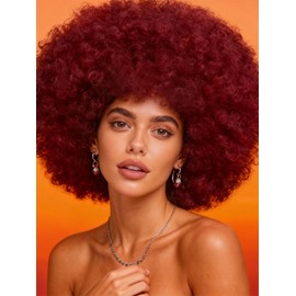 DZfirst Afro Wig 70s Afro Kinky Curly Wigs for Black Women Natural Looking Bouncy Huge Fluffy Puff Wig Synthetic Hair for Daily Cosplay and Party (Burgundy)