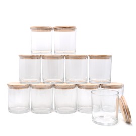 SHOWIN 14 OZ Thick Candle Jars for Making Candles 12 Pcs, 3 Wick Empty Jars with Wood Lids for Candle Making, Sample Container,Clear