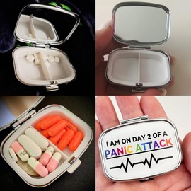 Mini Pill Box for Purse，Cute Pill Organizer, Compact Portable Travel Pill Case, Funny Gifts for Anxiety Sufferers & Medication Users, Metal Pill Container to Hold Tylenol, Vitamins/Fish Oil/Meds