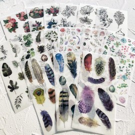 Vintage Rose Bouquet Sticker Botanical Leaf Black Ink Line Branch Watercolor Flowers Feather Decorative Retro Decal Self-Adhesive Aesthetic Stickers for Scrapbooking Planner Journal Art Crafts DIY