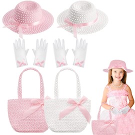 Zhanmai 6 Pcs Girls Tea Party Hats Accessories Set Kids Tea Party Bonnets Hats and Gloves Purses for Girls Dress up Favors(Pink, White,Exquisite Style)