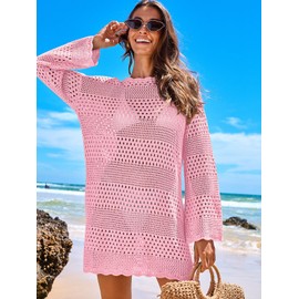 ANRABESS Women Swimsuit Crochet Swim Cover Up 2025 Summer Bathing Suit Swimwear Mesh Knit Beach Dress Vacation Outfits Light Pink Medium