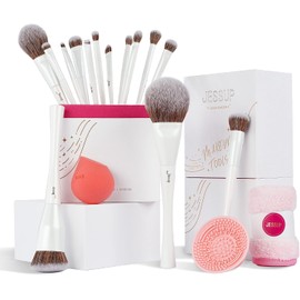 Jessup Set de Brochas de Maquillaje,14pcs Brochas Maquillaje,Base en Polvo,Sombra de ojos,Corrector,Rubor, Esponja de Maquillaje,Limpiador Brochas Maquillaje y Toalla, Regalo para Mujeres,T333