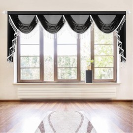 VOGOL Extra Wide Black Sheer Valances, Luxury Vintage Style Voile Waterfall Valance for Dining Room, 1 Pack Rod Pocket Easy Hanging Drapes for Home Office, 110 Inches Wide