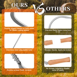 HRADHOL Weeding Sickle,Stainless Steel Long Handle Double Serrated Blade Grass Sickle,Stand Up Weeding Tool,Lightweight Sickle Garden Tool for Yards and Gardens