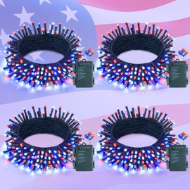 4 Pack Red White and Blue Lights, 50 LEDs 16.5ft 4th of July Lights Battery Operated, Green Wire Battery Powered Twinkle Lights for Tree Wreath Christmas Independence Day Decorations