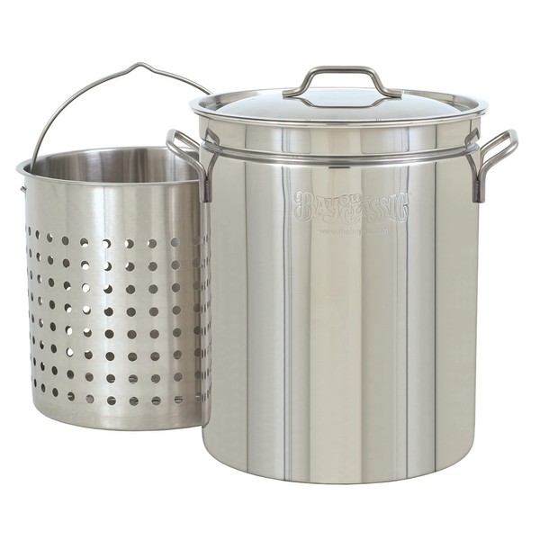 Bayou Classic 1144 44-qt Stainless Stockpot w/ Basket Features Domed Vented Lid Heavy Welded Handles Perforated Stainless Basket Perfect For Low Country Boils Steaming Gumbo and Stews