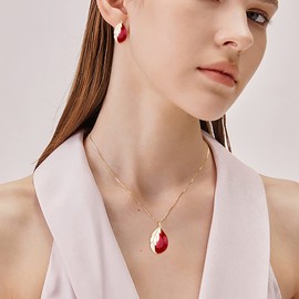 EleQueen Austrian Crystal Gold-Tone Leaf Necklace Earrings Jewelry Sets Embellished With Red Teardrop for Women Her Valentine's/Mother Day Christmas